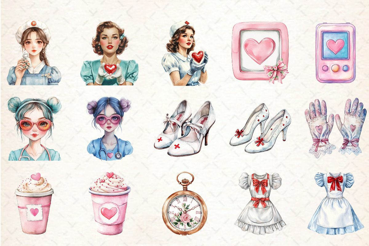 Watercolor Coquette Nurse Clipart, an Illustration by Rose Art (Photo 2 of 7)