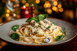 Fettuccine pasta topped with creamy truffle sauce and fresh basil for a delight, a Food & Drink Photo by AlyaAnd