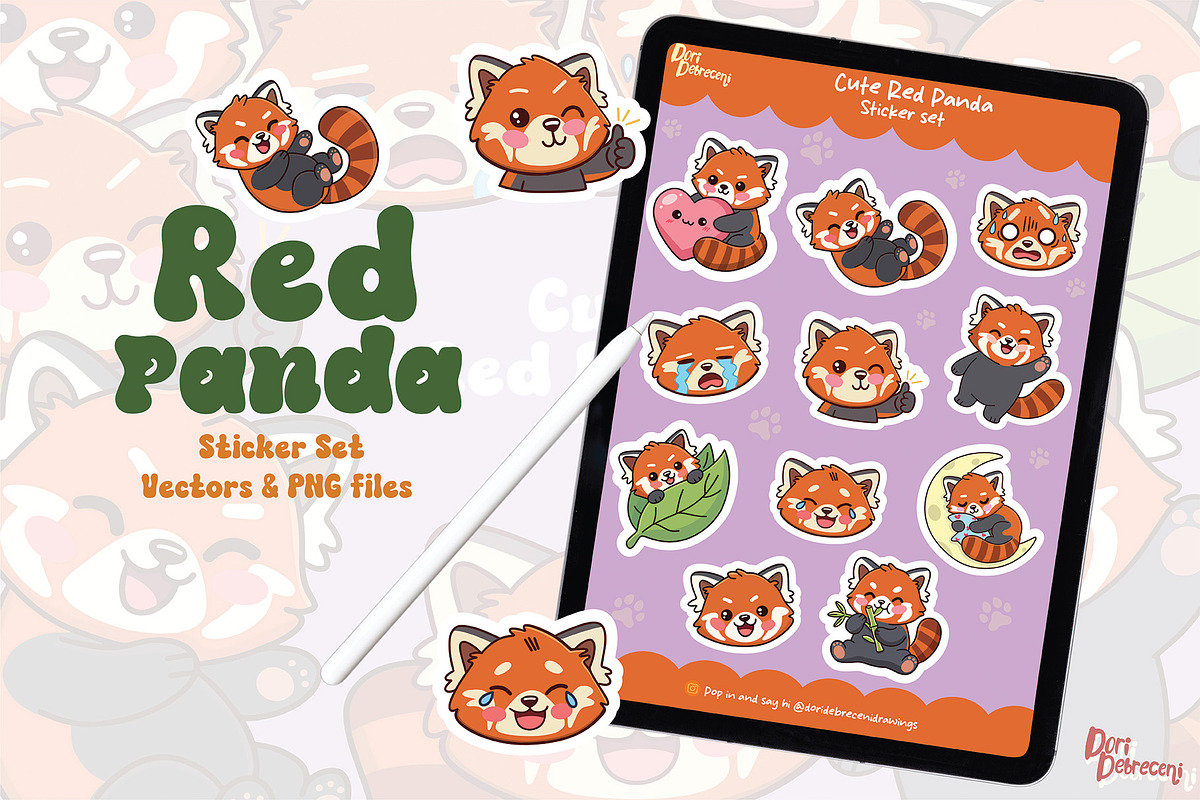 Cute Red Panda Sticker Set, an Animal Illustration by Dori Debreceni draws (Photo 3 of 4)