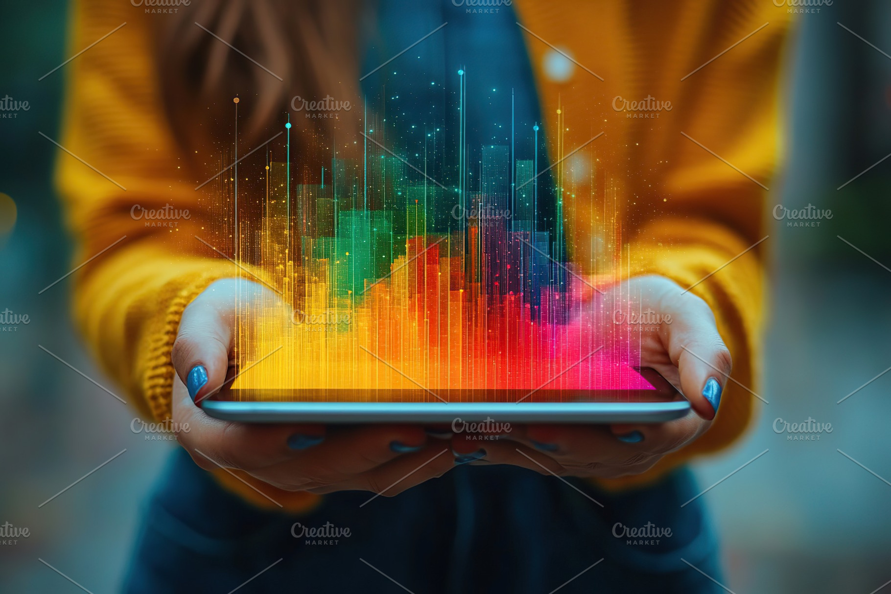 Businesswoman holding tablet pc with growing and glowing bar chart, a Photo by AlyaAnd