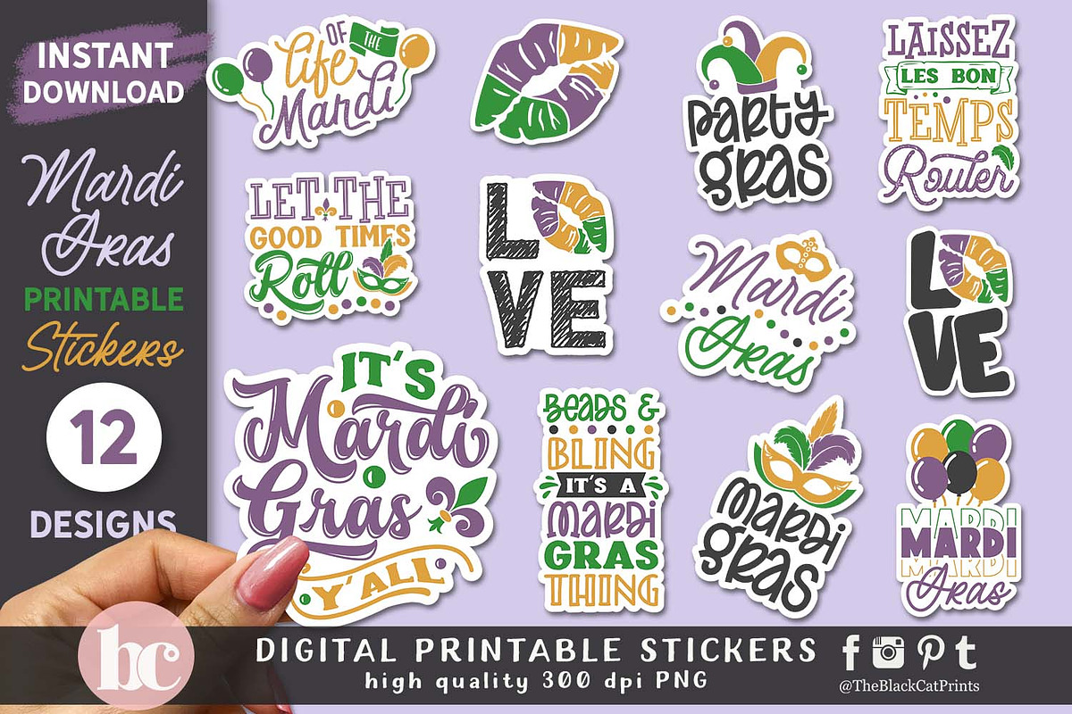 Mardi Gras Stickers PNG EPS, a Seasonal Illustration by TheBlackCatPrints (Photo 1 of 2)