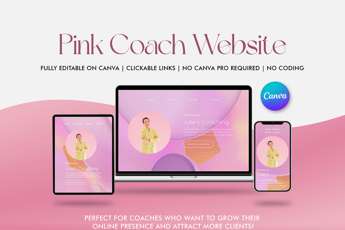 Modern Pink Canva Website Template, a Landing Page Template by ByKopi (Photo 1 of 7)