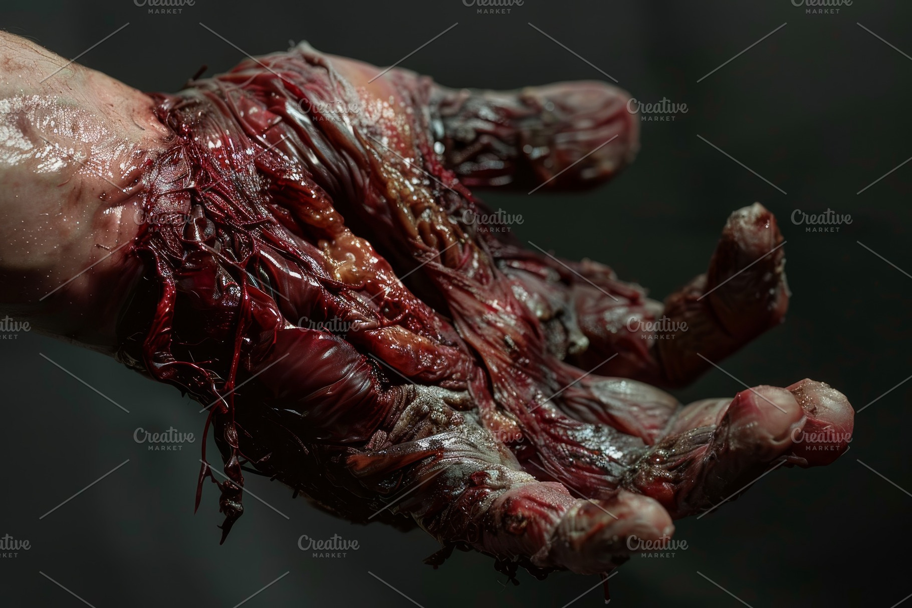 A bloodied hand shows severe wounds, a Photo by Tanuart
