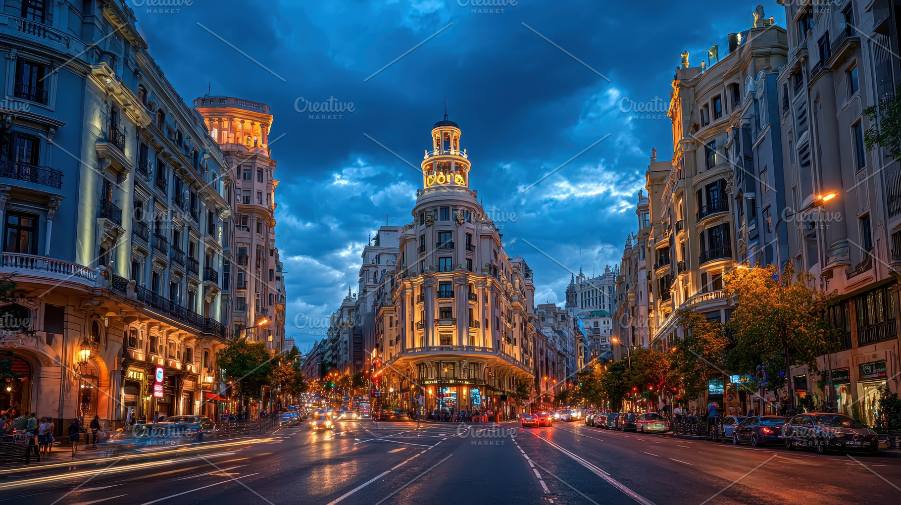 Night in Madrid Grand Buildings Illu, a Photo by Pixeness Studio