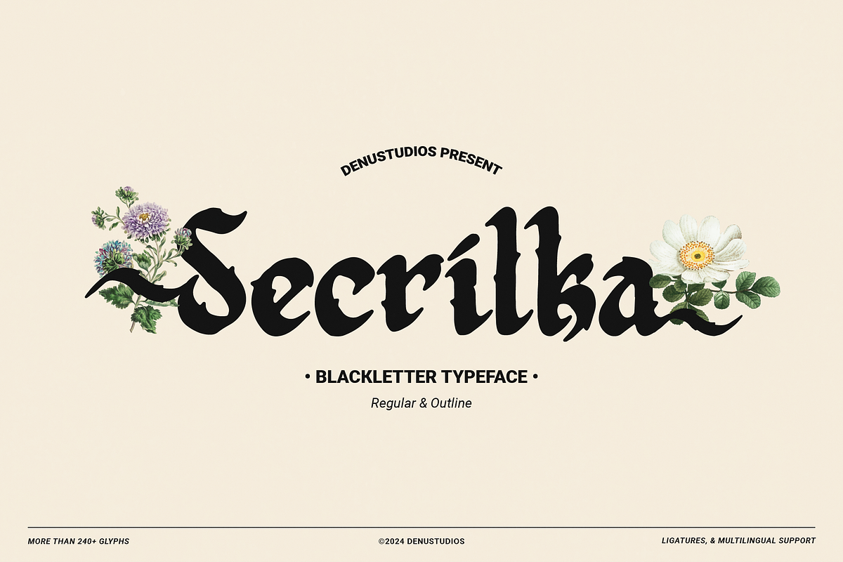 Secrilka | Blackletter Typeface, a Blackletter Font by Denustudios (Photo 1 of 12)
