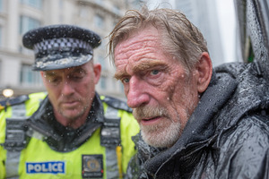 Police british officer assisting and interacting with a person in public, a Photo by AS photostudio