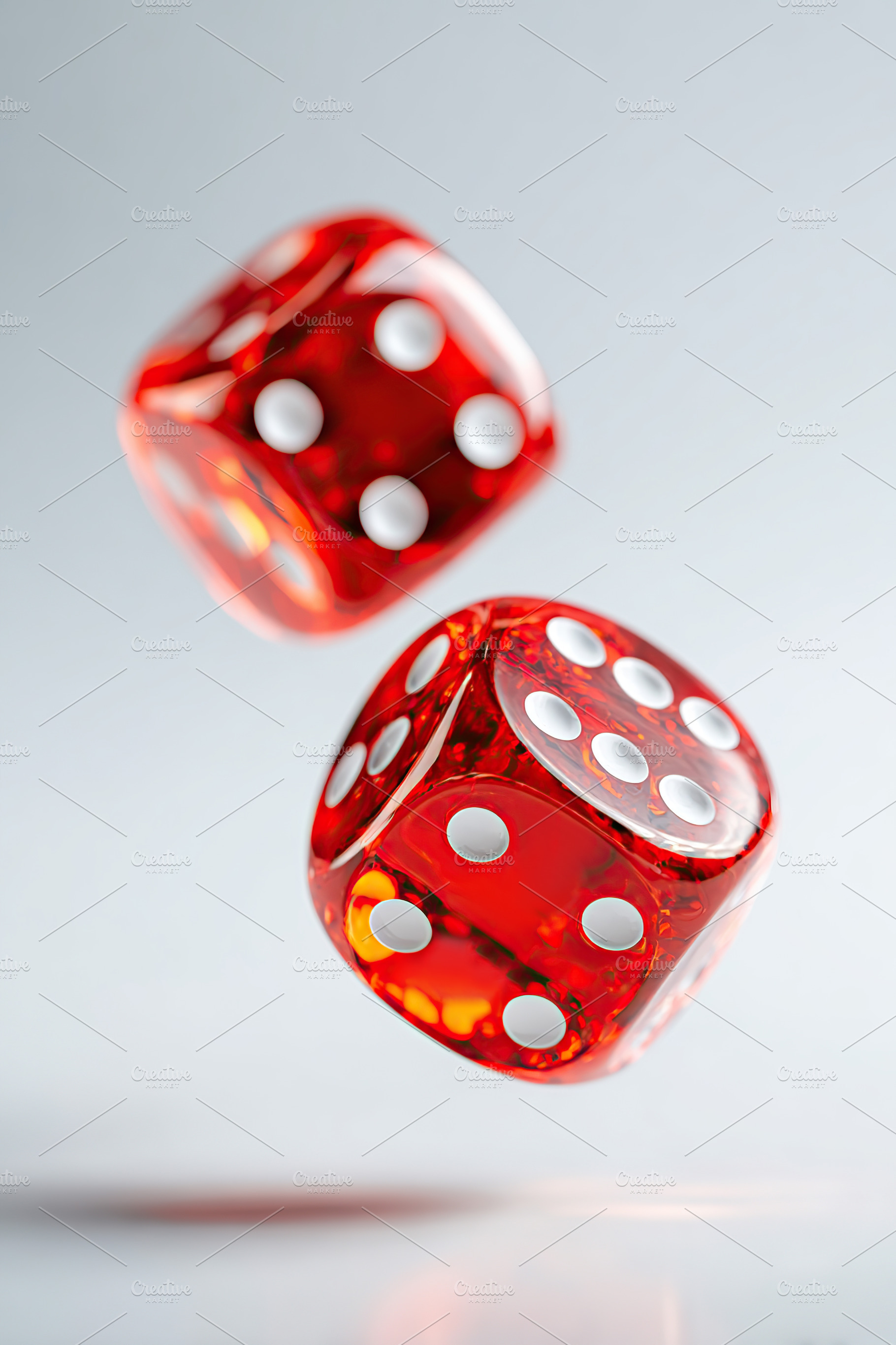 Red dice with white dots floating gracefully in mid-air against a smooth backgr, a Sports & Recreation Photo by AlyaAnd
