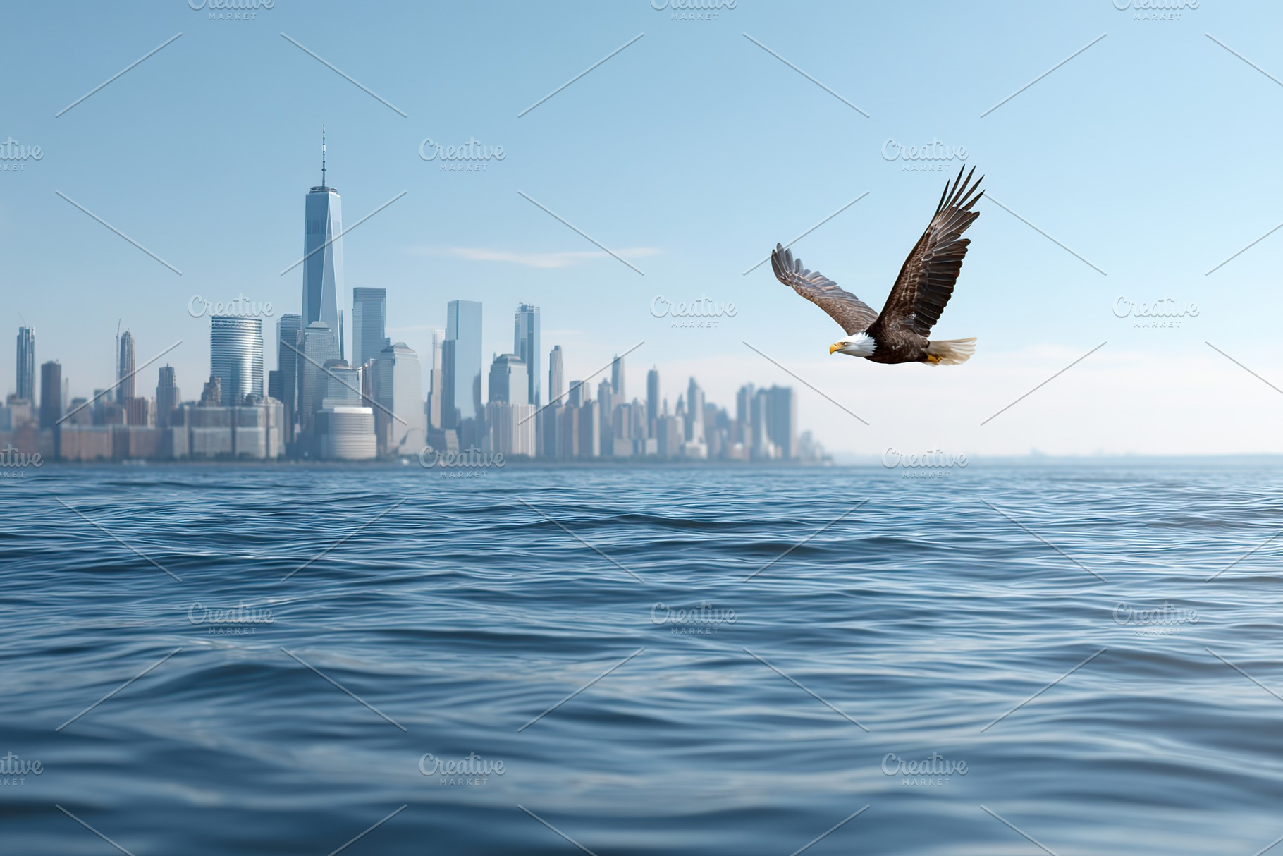 Bald eagle soaring over city skyline with calm waters in the foreground, a Photo by AlyaAnd