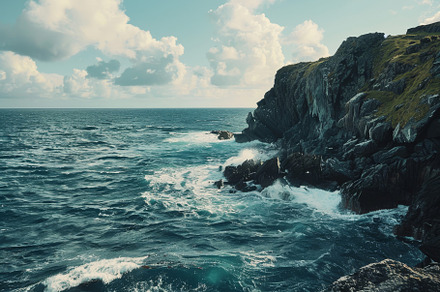 Waves crashing against rocky cliffs, a Photo by Tanuart