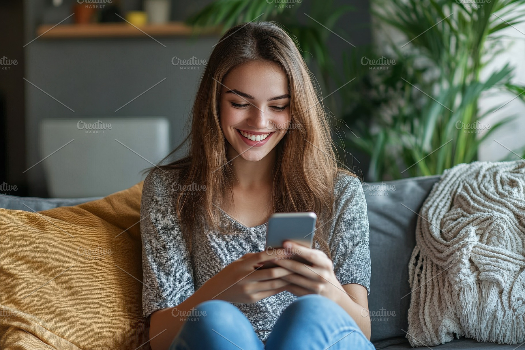 A cheerful girl lounging on the sofa, a Photo by Pavel_design