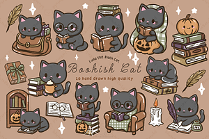 Bookish Black Cat Kawaii Clipart, an Animal Illustration by Blumensdiary