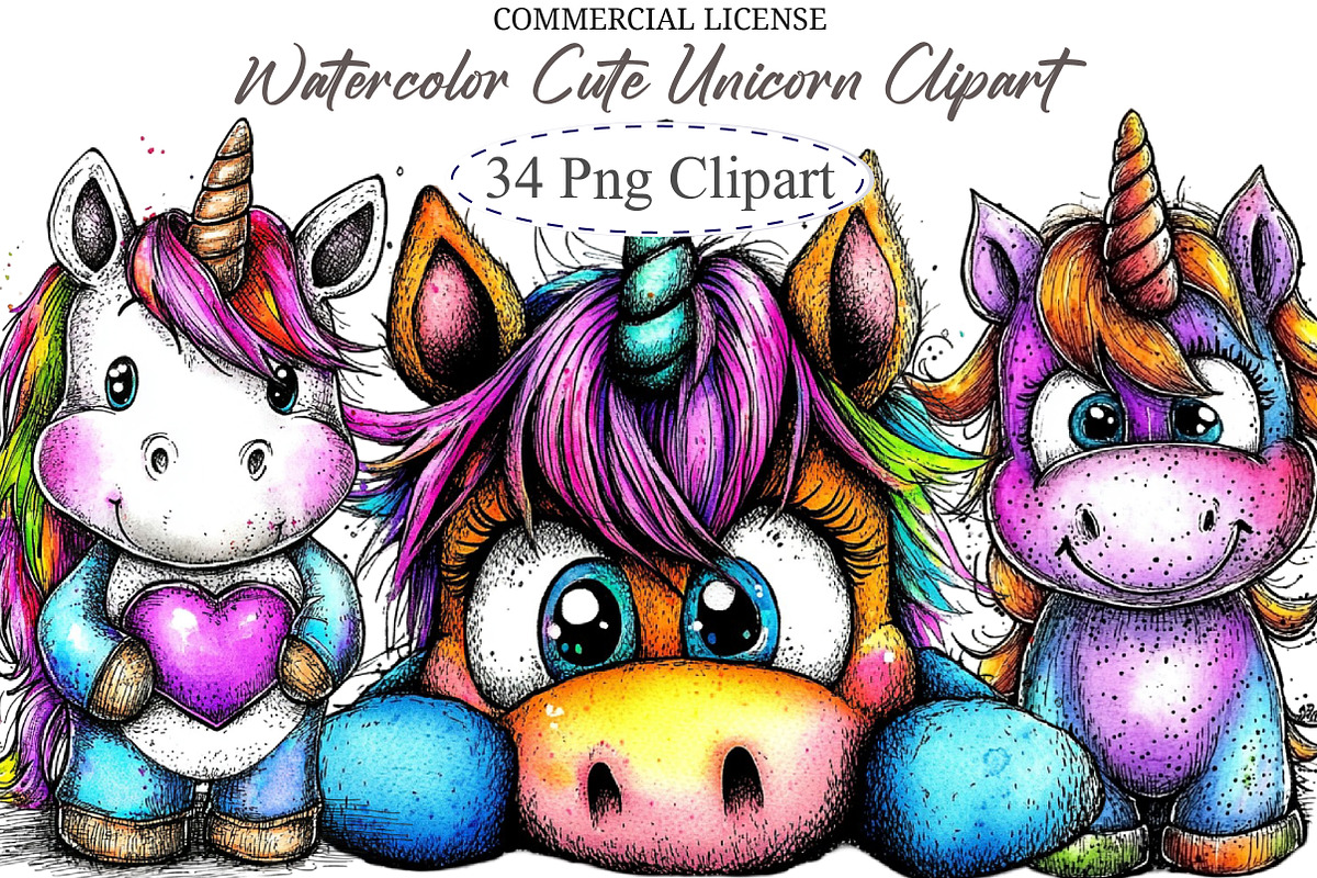 Watercolor Cute Unicorn Clipart, an Animal Illustration by designcity5 (Photo 1 of 5)
