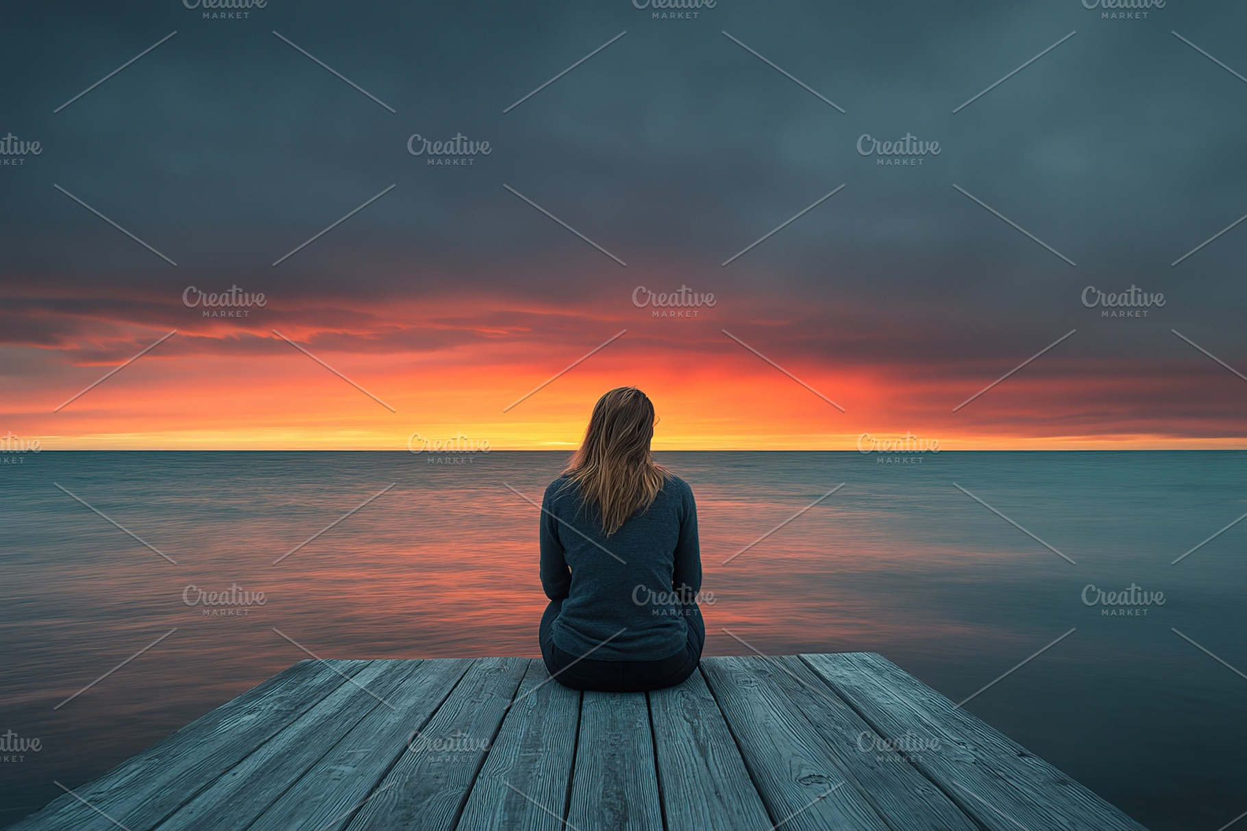 Young person seated on dock, gazing at vibrant sunset over tranquil water, a Photo by AlyaAnd