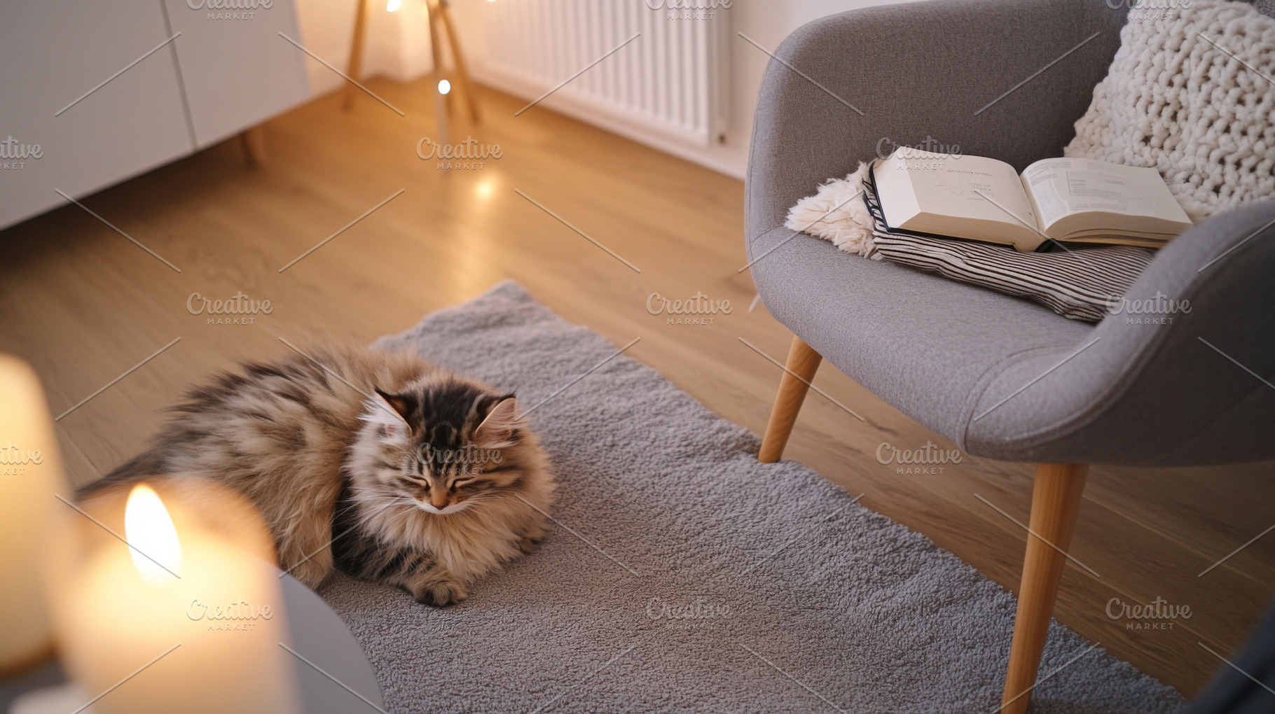 Kitten in cozy modern living room with candles and books, perfec, a Photo by Dvoevnore photos