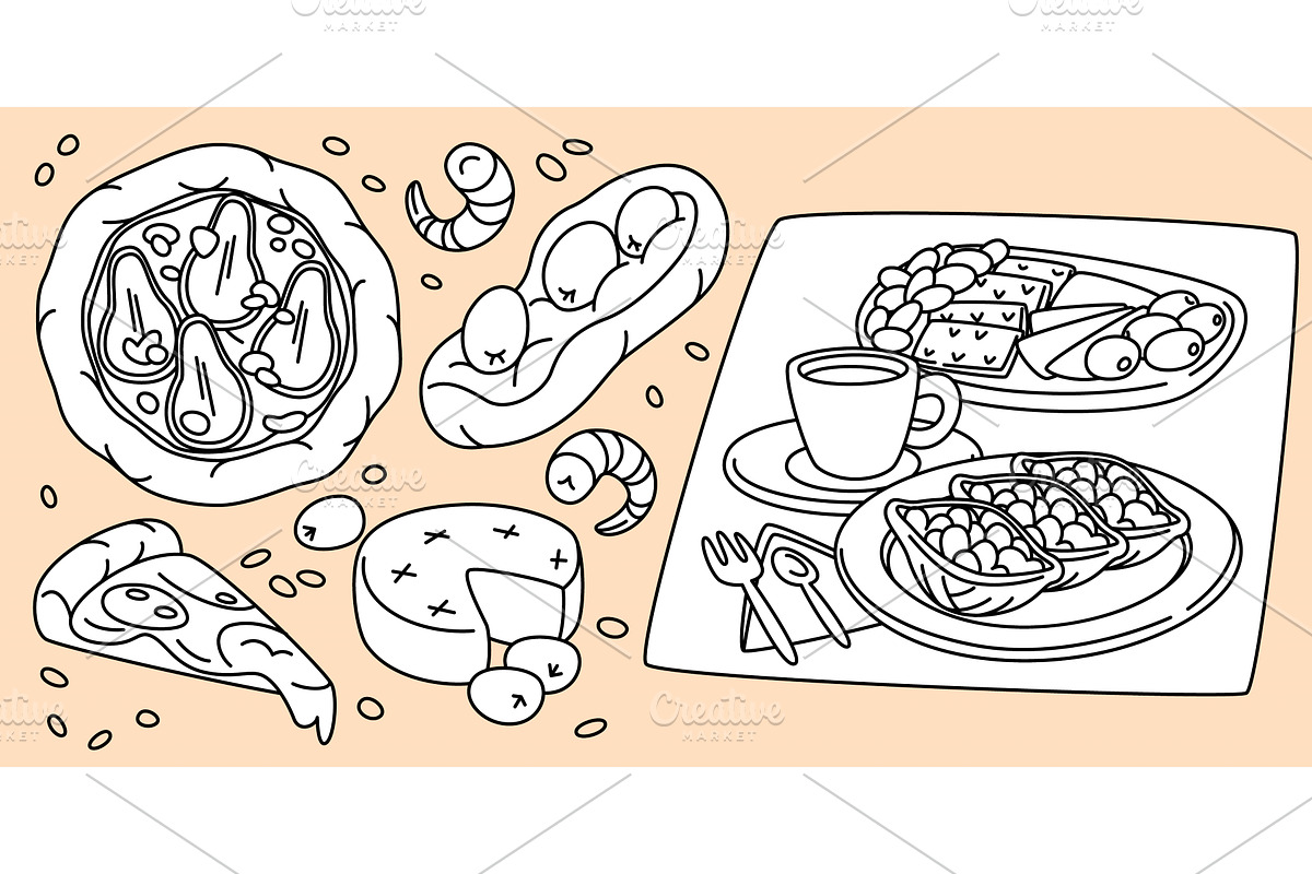 Italian cuisine dishes hand drawn, a Food Illustration by art PVP - market