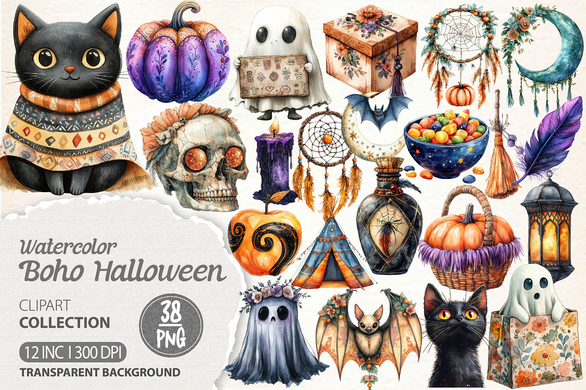 Boho Halloween Trick or Treat Bundle, an Illustration by Dream Creation (Photo 1 of 7)