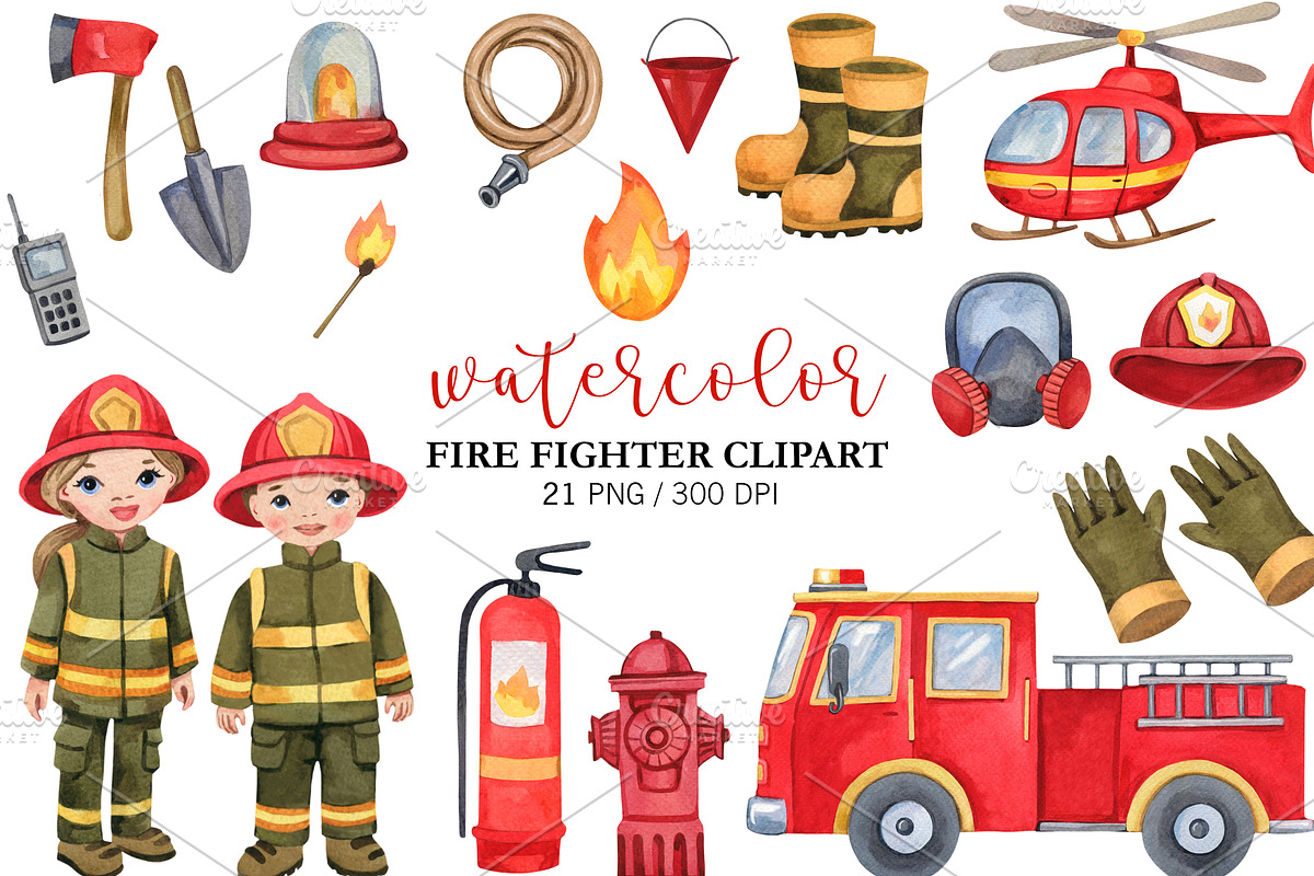 Watercolor Firefighter Clipart PNG, an Education Illustration by PatternPalette (Photo 1 of 2)