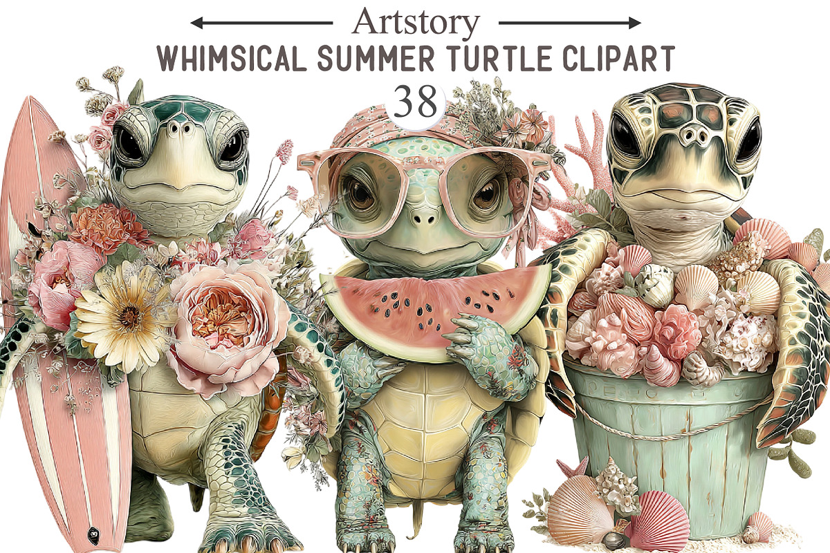 Whimsical Summer Turtle Clipart, an Animal Illustration by designcity5 (Photo 1 of 5)