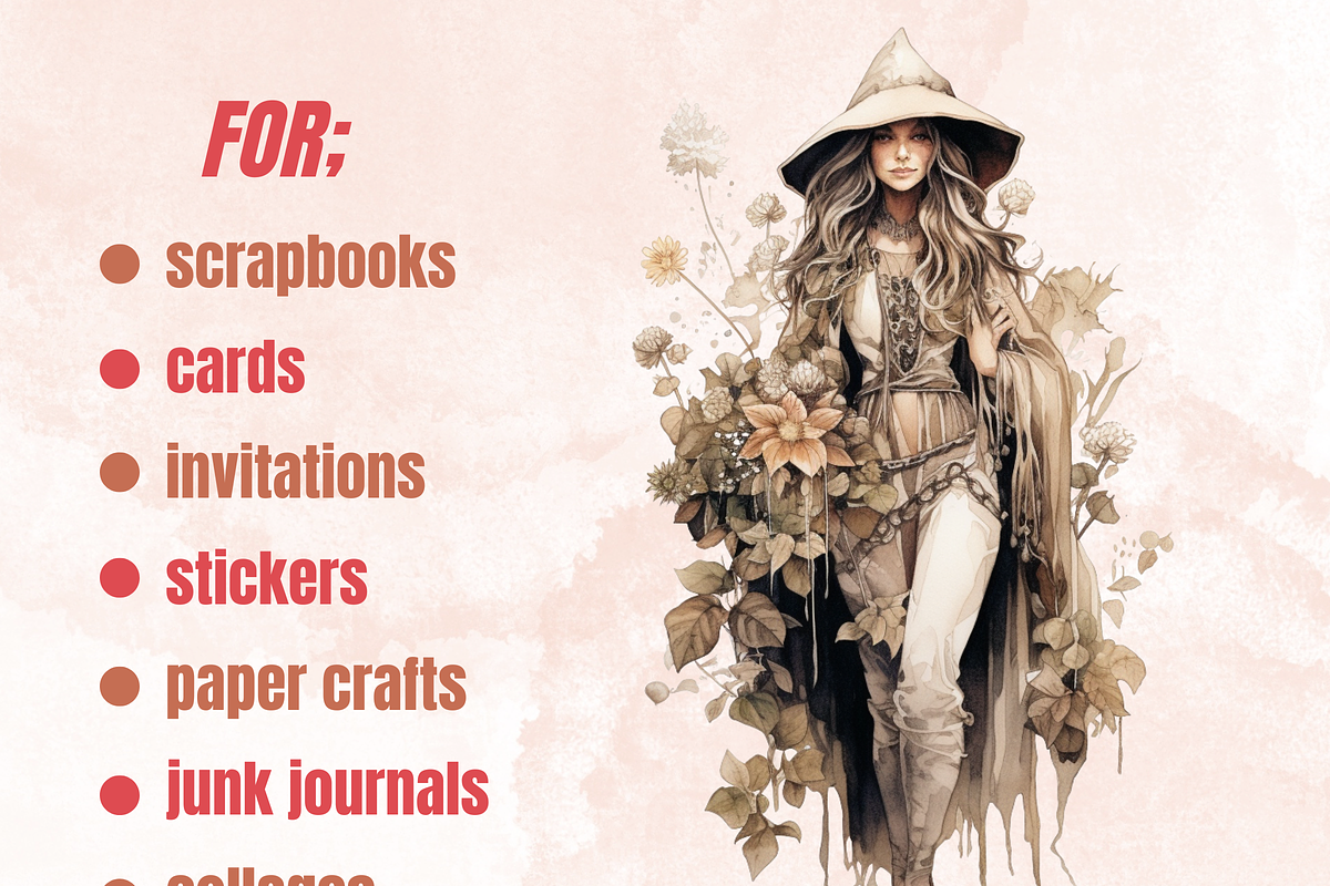 Watercolor Boho Witch Clipart, a Person Illustration by GiraffeCreative (Photo 3 of 9)