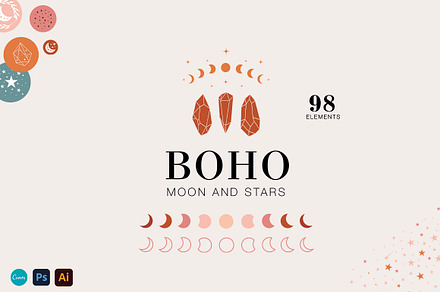 Boho moon & stars Illustrations set