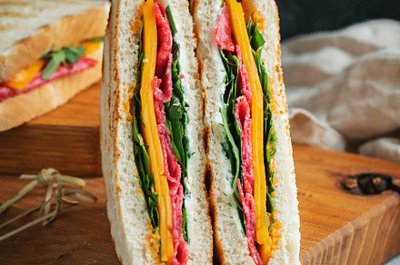 Two homemade sandwiches with sausage, cheese and arugula on a light concrete ba, a Food & Drink Photo by Budarinphoto