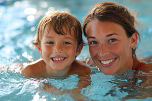 Joyful mother and daughters swimming together in a pool, a Person Photo by AlyaAnd