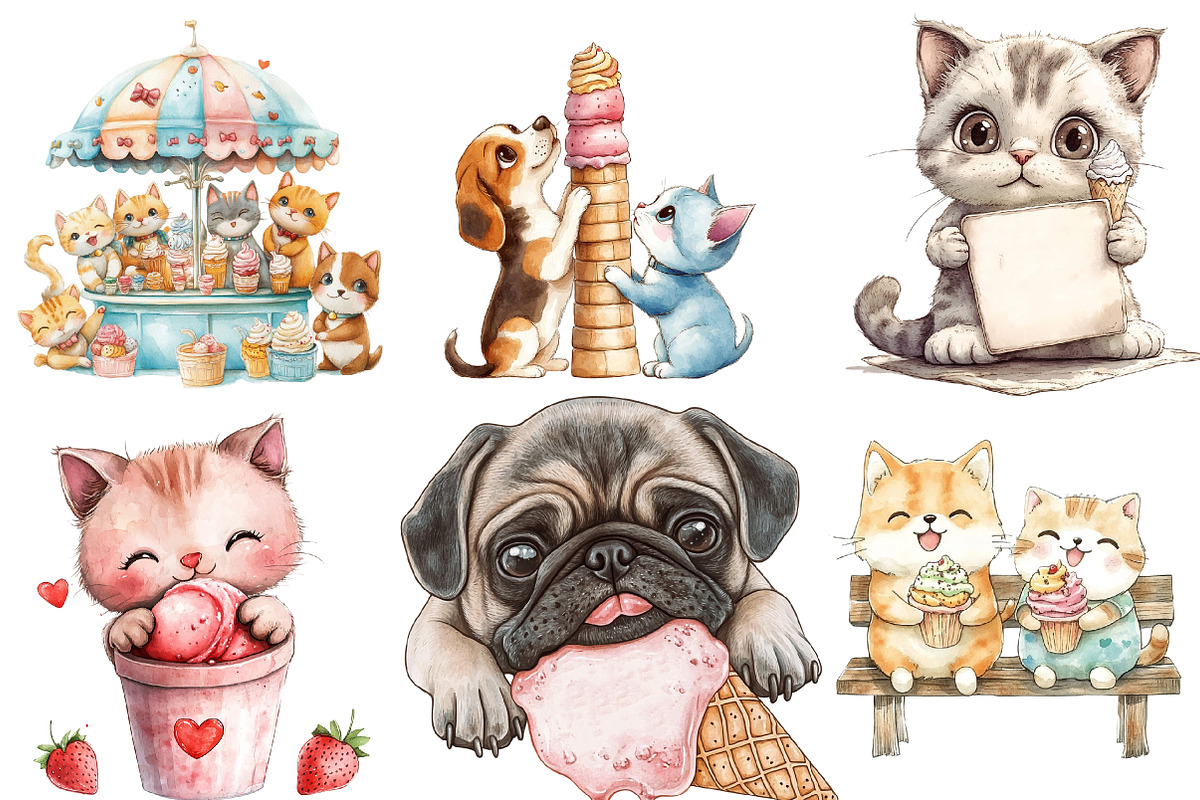 Funny Dog and Cat Love Ice Cream png, an Illustration by Watercolor design (Photo 5 of 5)