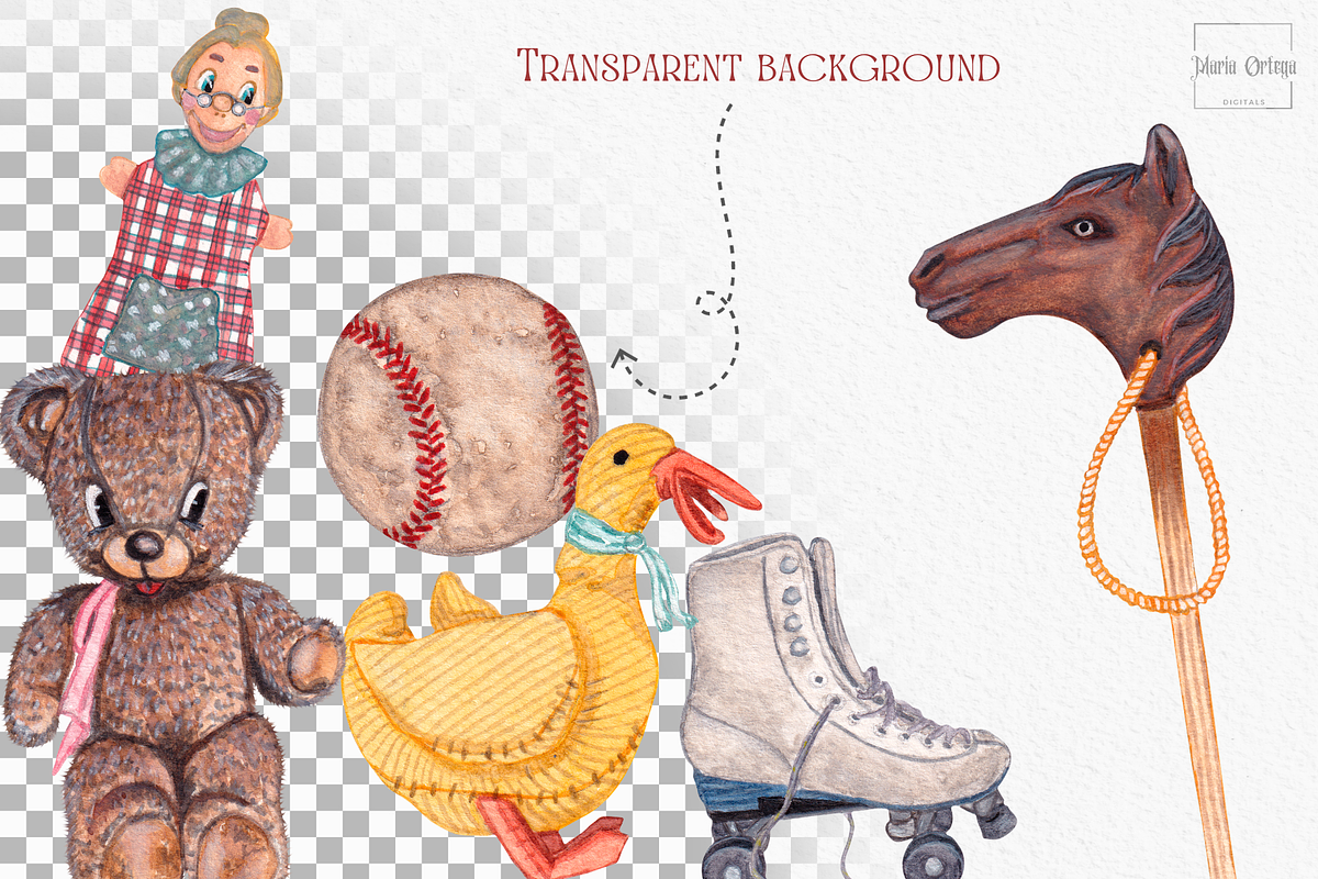 Vintage Toys Watercolor Clipart, an Illustration by MariaOrtegaDigitals (Photo 2 of 6)