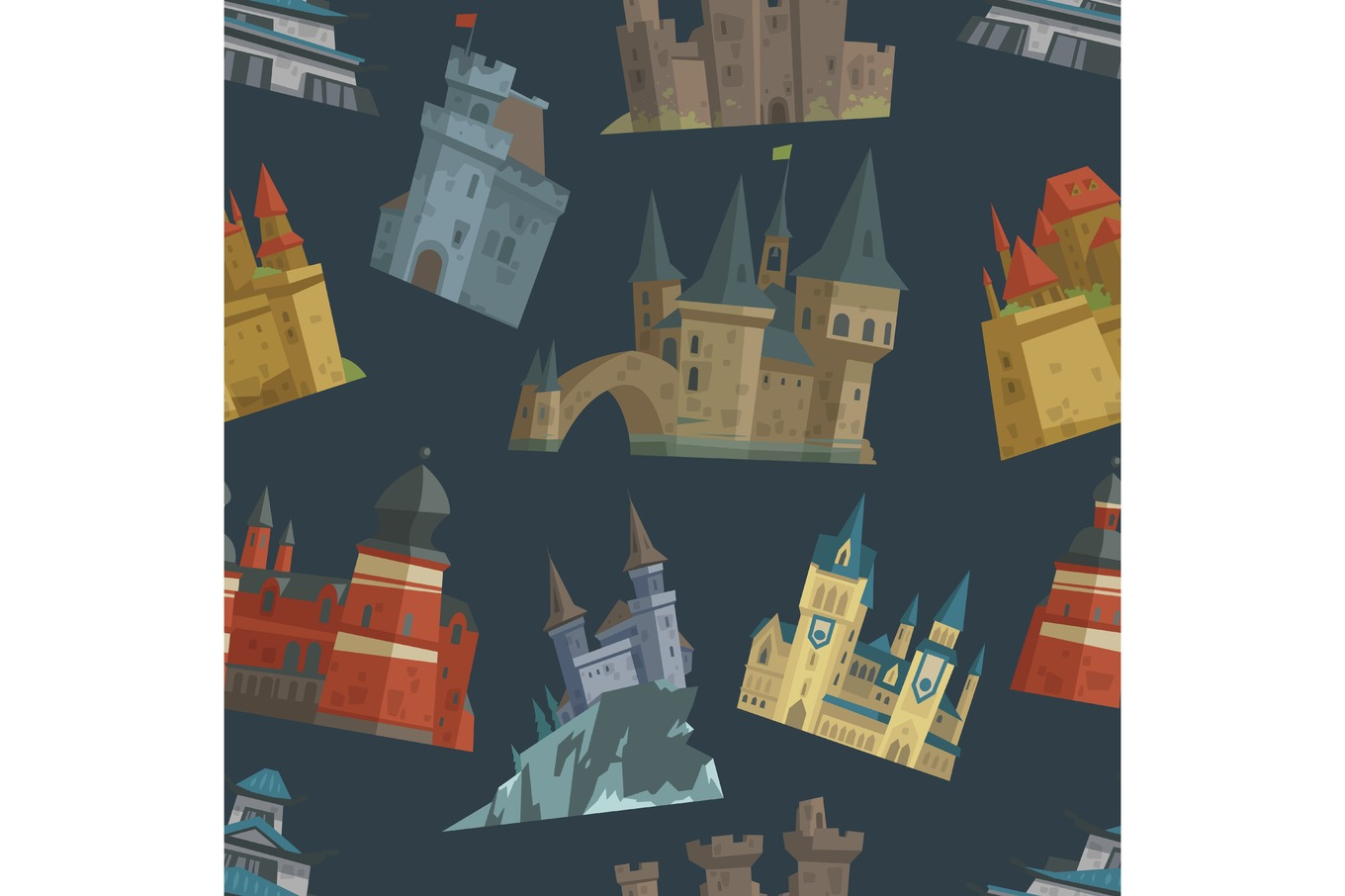 Cartoon fairy tale castle key-stone palace tower architecture building ...