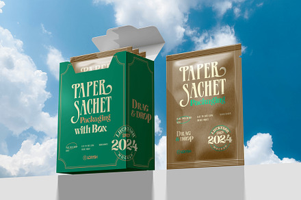 Paper Sachet with Box Mockup, a Packaging Mockup by megostudi0