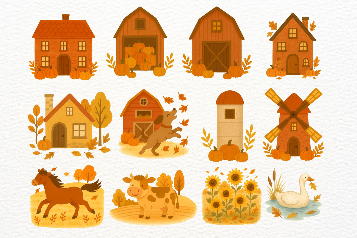 Watercolor Fall Farm Clipart PNG, an Illustration by Nicolle's Colorful Art (Photo 2 of 7)