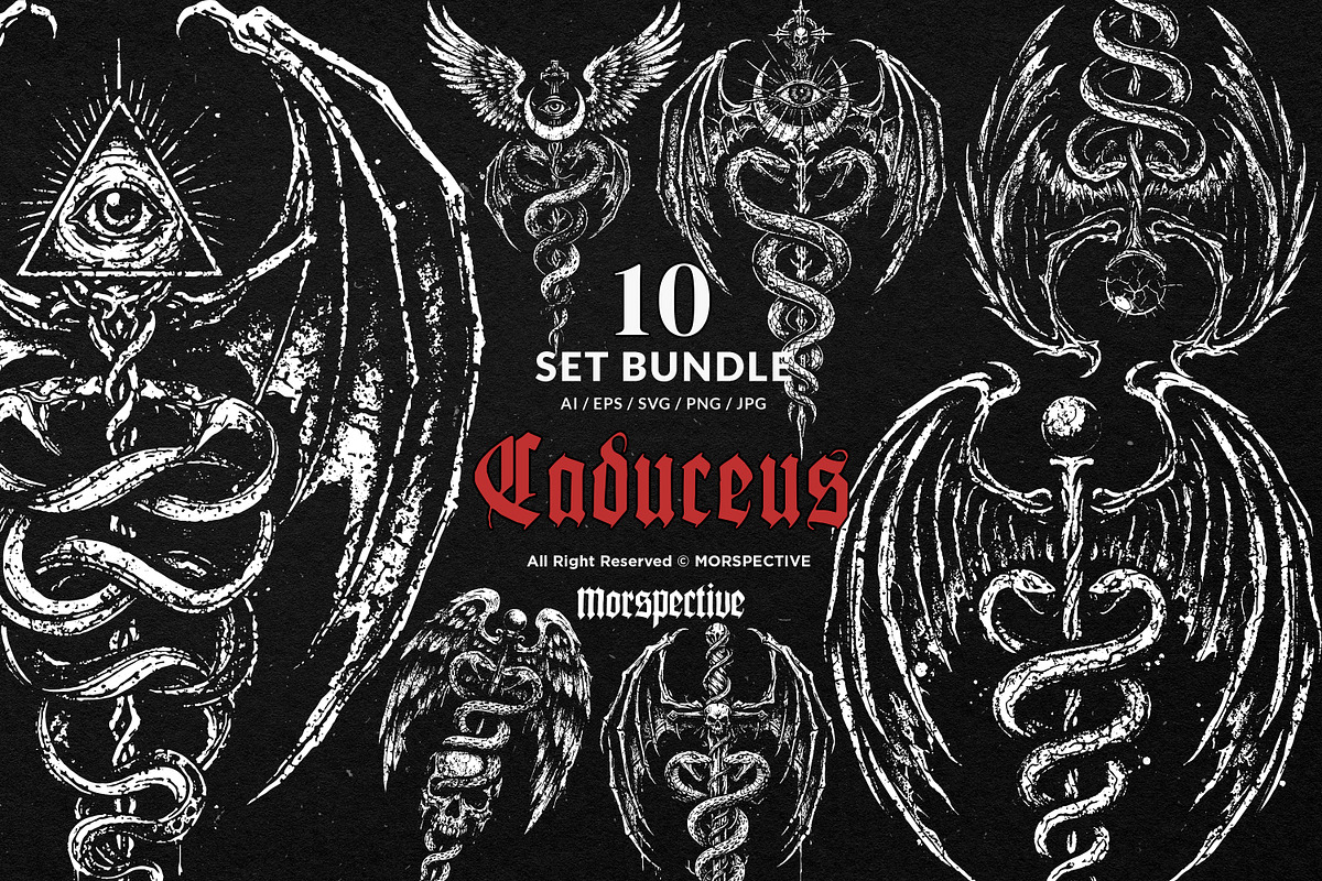 10 Bundle Dark Art Caduceus Snakes, an Illustration by Morspective (Photo 1 of 7)