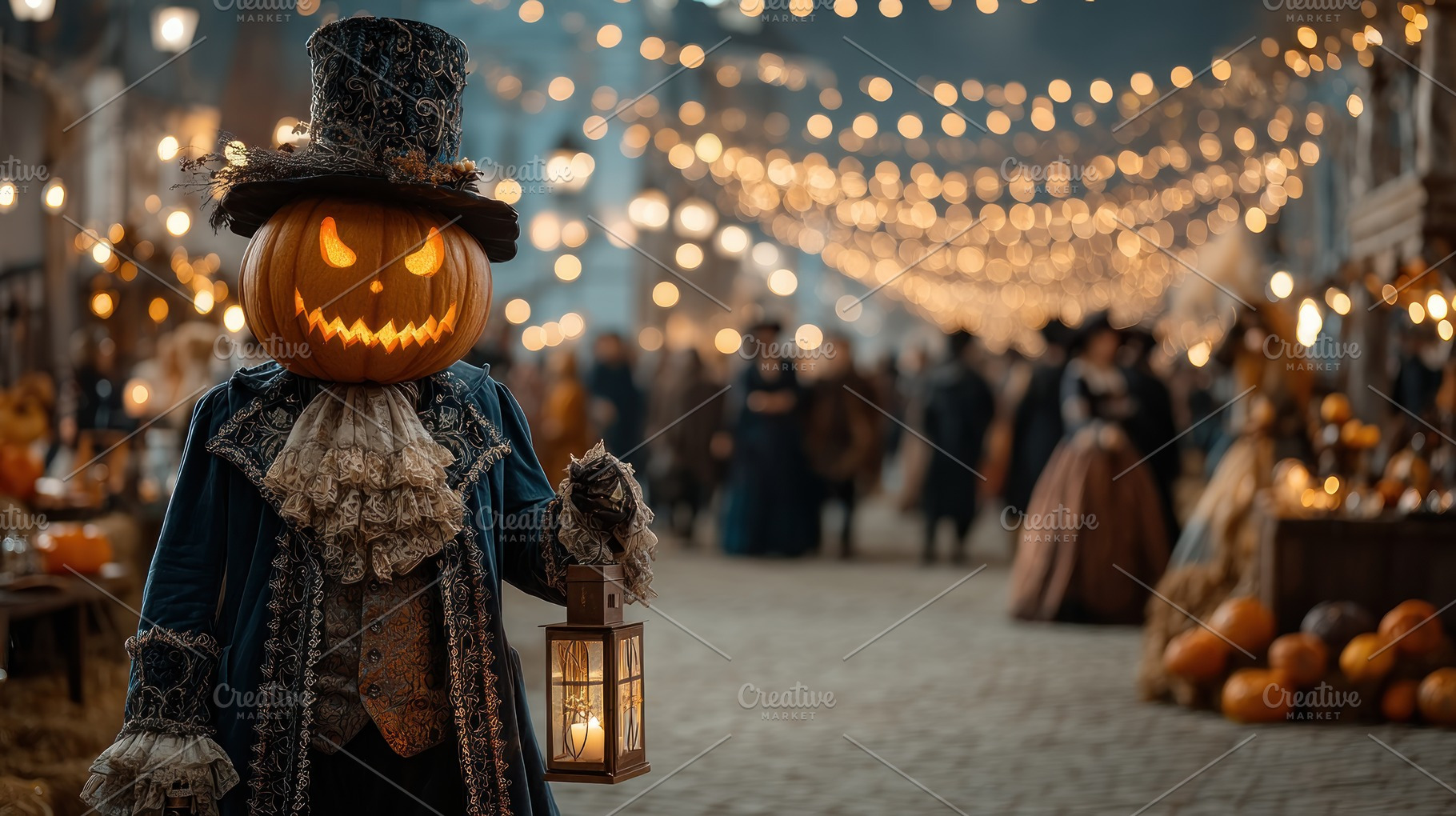 Pumpkin-headed figure in ornate vintage costume holding lantern, a Holiday Photo by José Manuel Gelpi