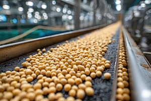 Soybeans on conveyor belt industrial, a Photo by Pixeness Studio