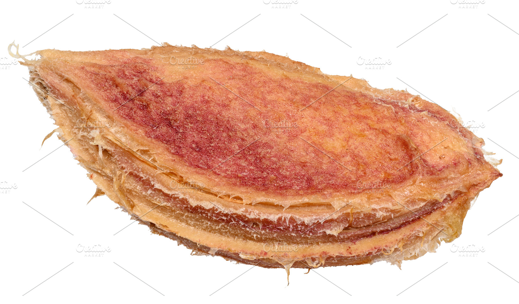 Close-up of a ripe plum pit showing detailed texture and fibers, a Food & Drink Photo by ndanko