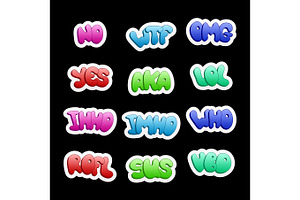 Sticker Icons With Halftone Texture. A Set Of Abbreviations, Reductions Of Slang Phrases For Social Networks And Messengers