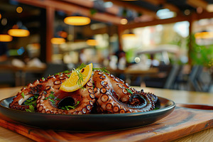 Grilled octopus leg in plate on blurred restaurant background, a Food & Drink Photo by AlyaAnd