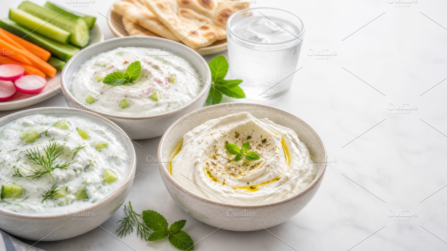 Bowls of fresh tzatziki and yogurt d, a Photo by Dvoevnore photos