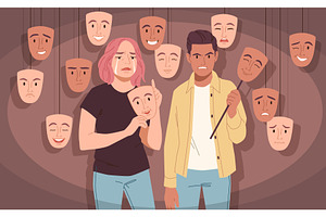 Social masks. Sad woman, angry man, a Person Illustration by YummyBuum