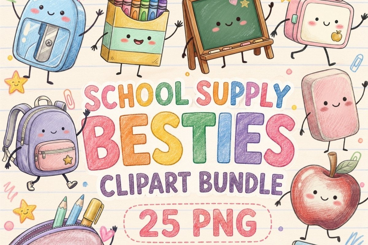 School Supply Besties Clipart Bundle, a Seasonal Illustration by Tanya Kart (Photo 1 of 10)