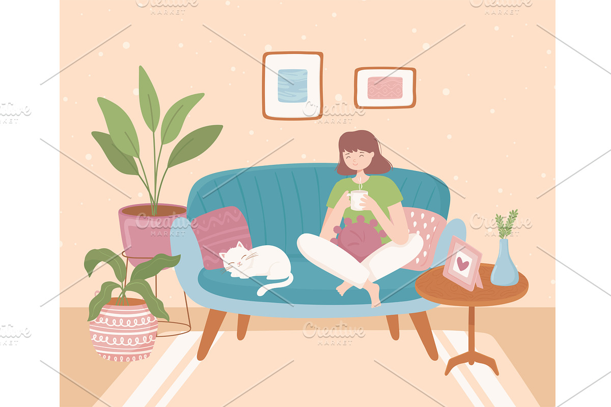 comfy home, woman relaxing, an Object Illustration by studiogstock