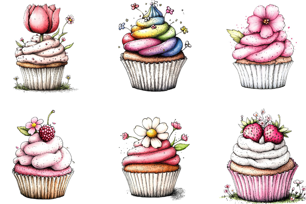 Watercolor Spring Cupcake Clipart, an Illustration by Designking (Photo 2 of 5)