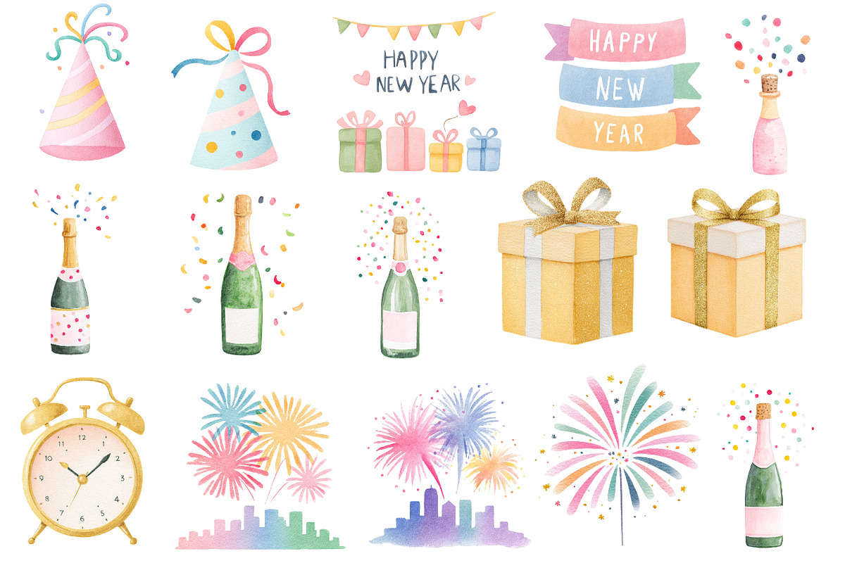 Watercolor cute new year clipart, an Illustration by Designworld (Photo 2 of 5)