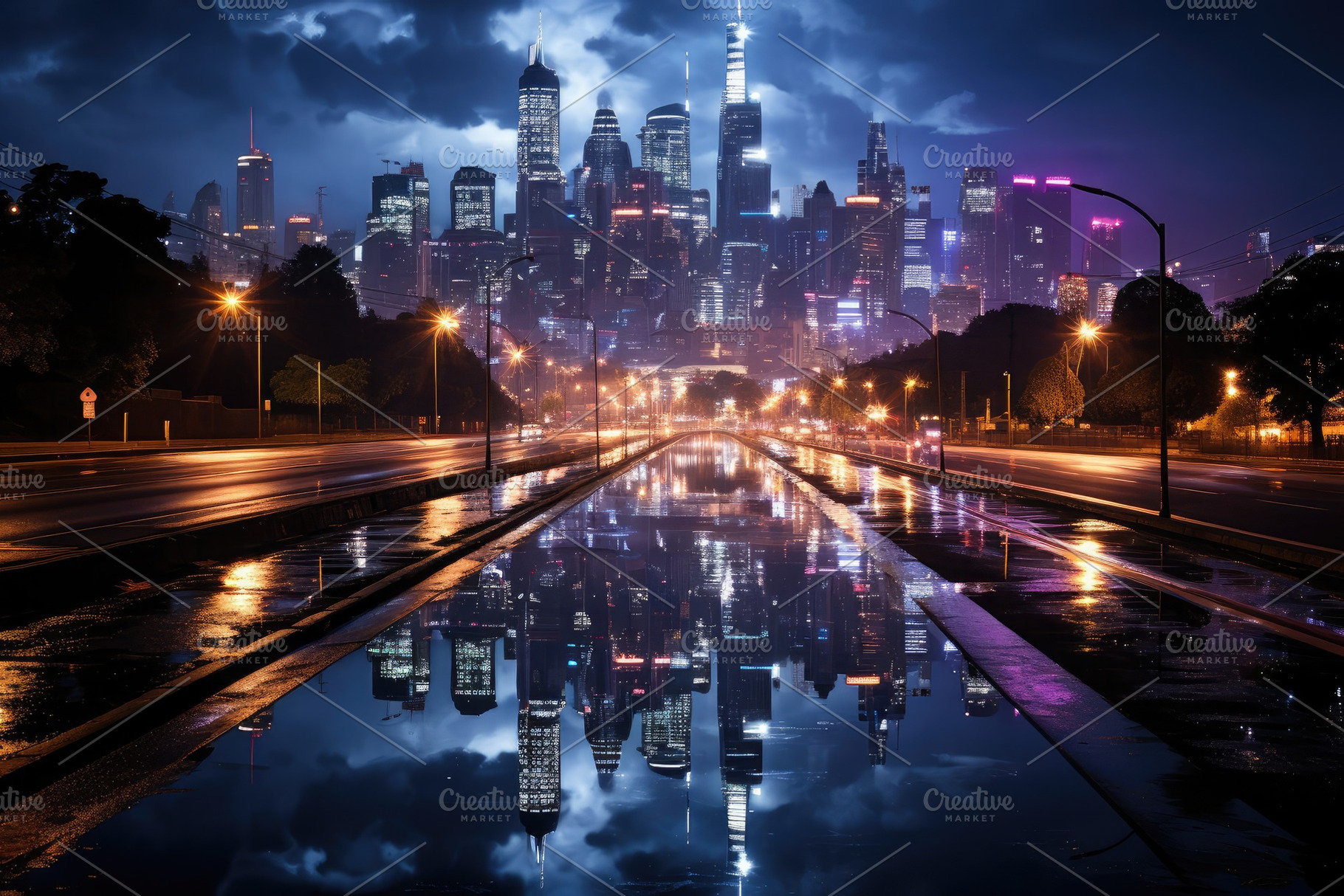 Dynamic cityscape at night neon ligh, a Photo by SaroStock