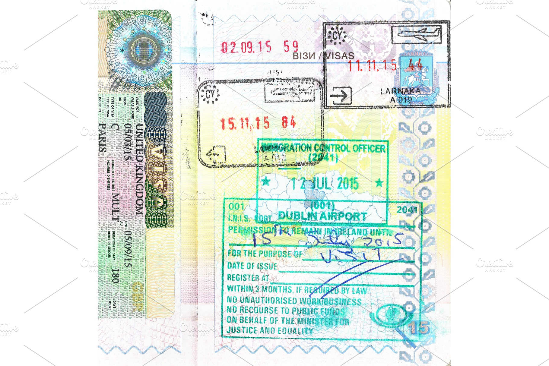 Passport with UK visa and stamps of Cyprus, Ireland, an Abstract Photo by Leonid Andronov