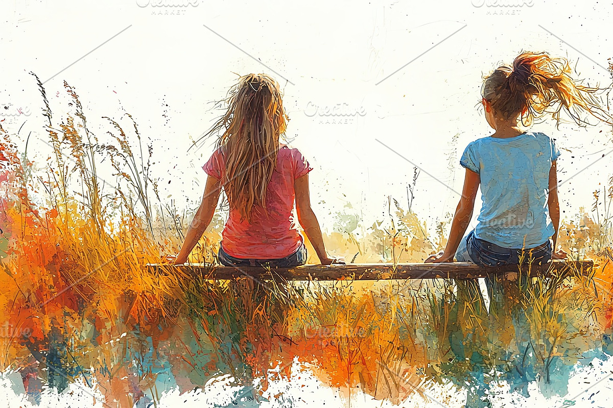 Two girls sitting on a wooden log in a vibrant meadow, an Illustration by AS photostudio