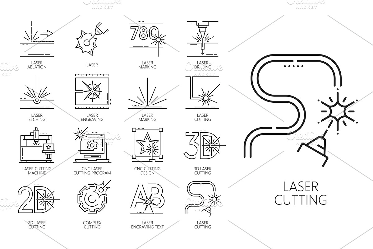 Laser cutting line icons, a Technology Illustration by Vector Tradition