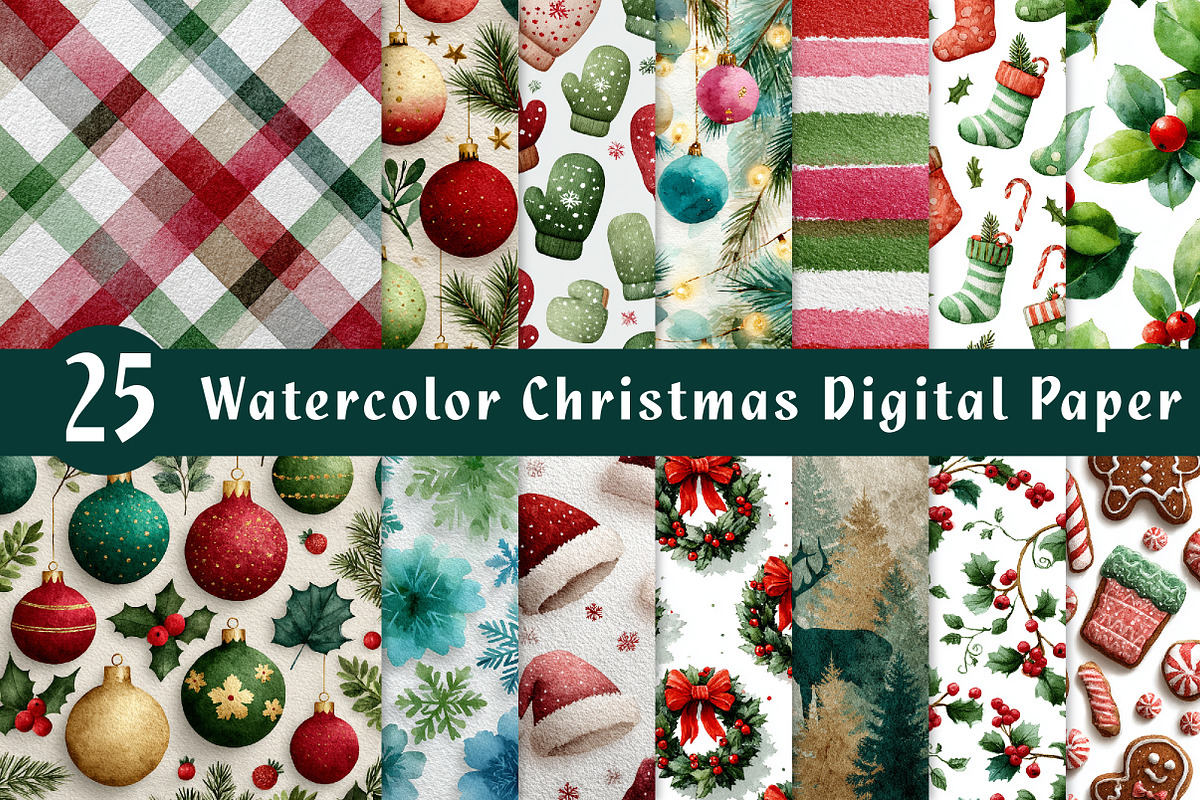 Watercolor Christmas Digital Paper, an Illustration by CreationArt (Photo 1 of 4)