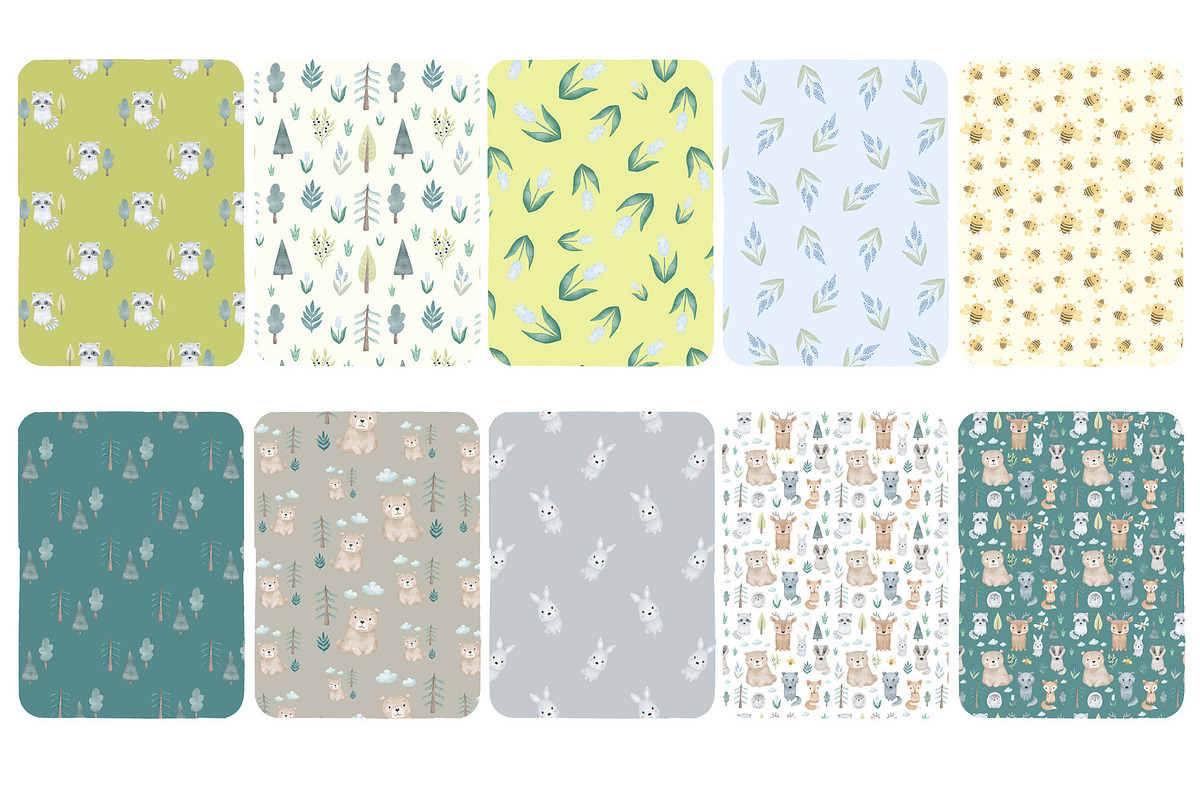 Woodland friends. Kids patterns set, an Animal Illustration by tetiartline (Photo 7 of 11)