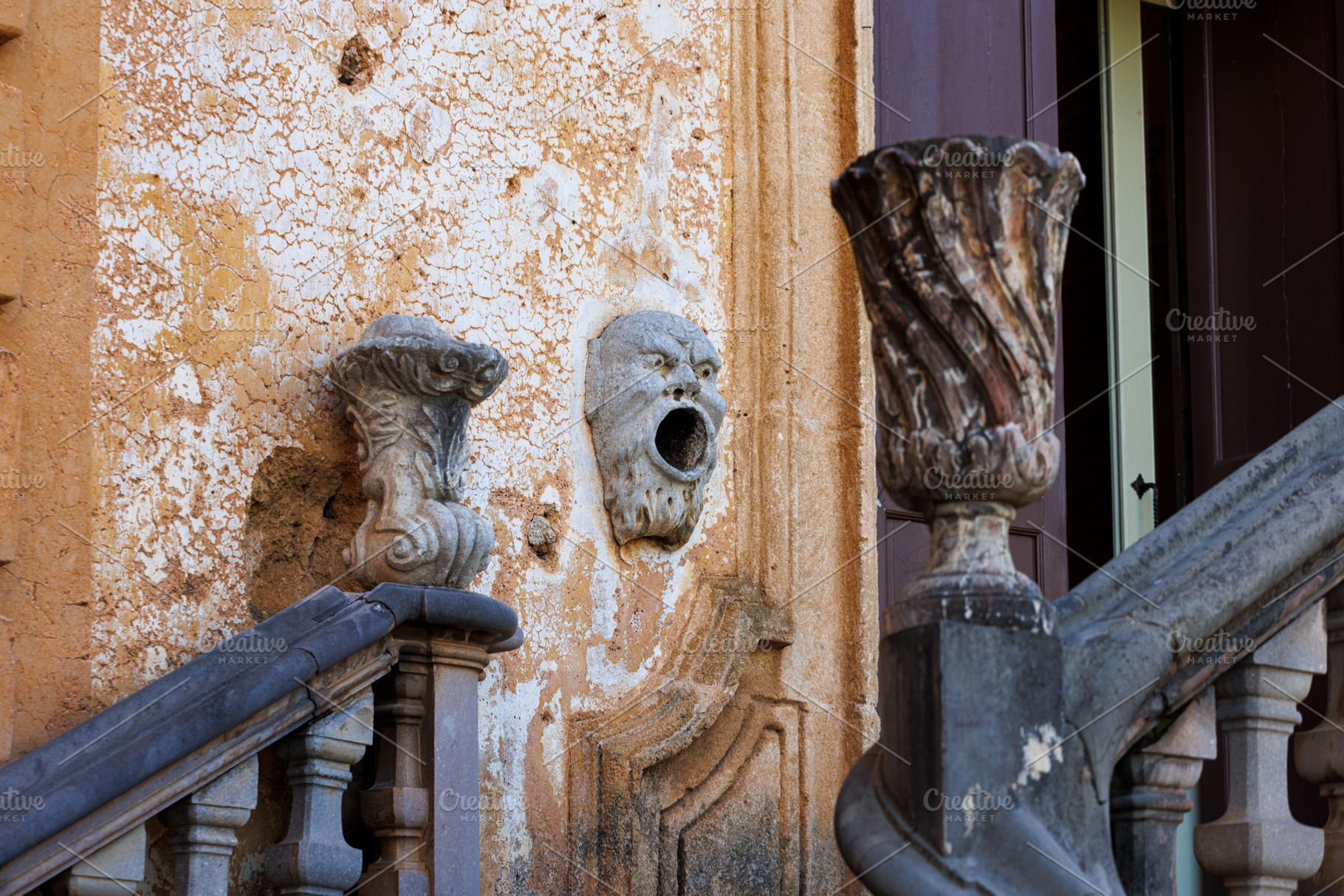 Eighteenth-century bas-relief torch extinguisher and pots. Villa Palagonia, Bag, an Architecture Photo by Bepslabor